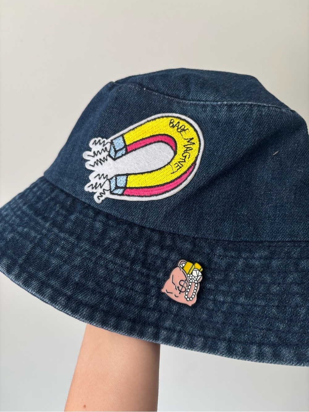 Patchwork Navy Blue Denim Cotton Preppy Boho Bucket Hat - One Size - Picture 3 of 5